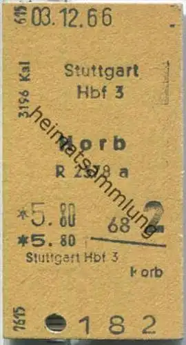 Fahrkarte - Stuttgart Hbf 3 nach Horb - Fahrkarte 2. Klasse 5,80 DM 1966