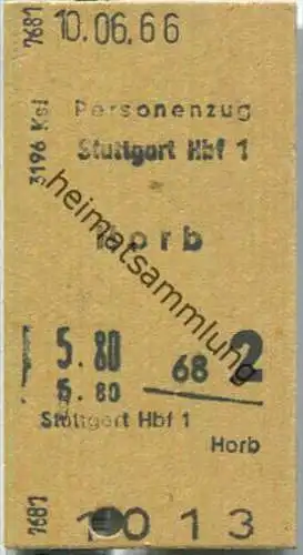Fahrkarte - Stuttgart Hbf 1 nach Horb - Fahrkarte 2. Klasse 5,80 DM 1966