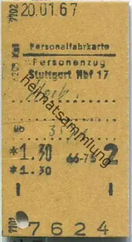 Personalfahrkarte - Stuttgart Hbf 17 nach Horb - Fahrkarte 2. Klasse 1,30 DM 1967