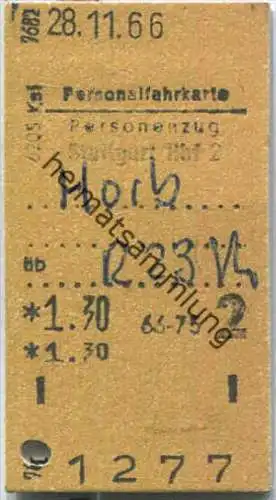 Personalfahrkarte - Stuttgart Hbf 2 nach Horb - Fahrkarte 2. Klasse 1,30 DM 1966