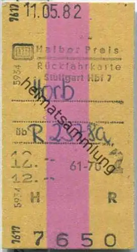 Rückfahrkarte Halber Preis - Stuttgart Hbf 7 nach Horb - Fahrkarte 2. Klasse 12,00 DM 1982