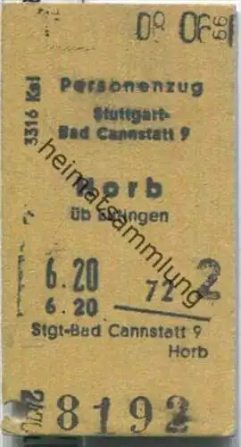 Fahrkarte - Stuttgart - Bad Cannstatt 9 nach Horb - Fahrkarte 2. Klasse 6,20 DM 1966