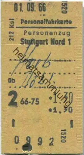 Personalfahrkarte - Stuttgart Nord 1 nach Horb - Fahrkarte 2. Klasse 1,30 DM 1966