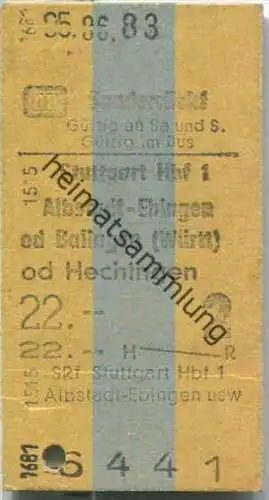 Sonderrückfahrkarte Bus - Stuttgart Hbf 1 nach Hechingen - Fahrkarte 2. Klasse 22,00 DM 1983