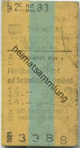 Sonderrückfahrkarte Bus - Stuttgart Hbf 1 nach Heilbronn - Fahrkarte 2. Klasse 14,00 DM 1983