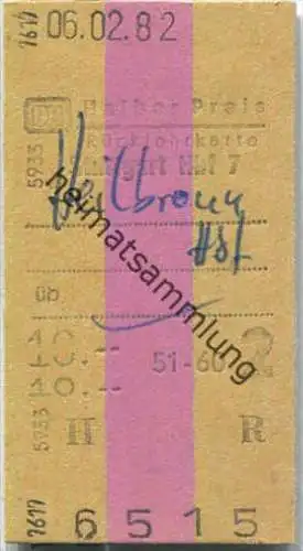 Rückfahrkarte Halber Preis - Stuttgart Hbf 7 nach Heilbronn - Fahrkarte 2. Klasse 10,00 DM 1982