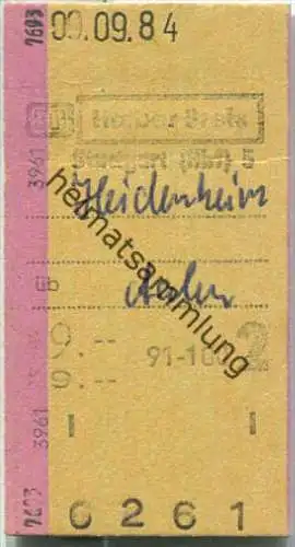 Fahrkarte Halber Preis - Stuttgart Hbf 5 nach Heidenheim - Fahrkarte 2. Klasse 9,00 DM 1984