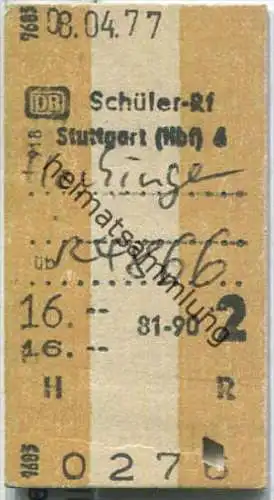 Schülerrückfahrkarte - Stuttgart Hbf 4 nach Flechingen - Fahrkarte 2. Klasse 16,00 DM 1977