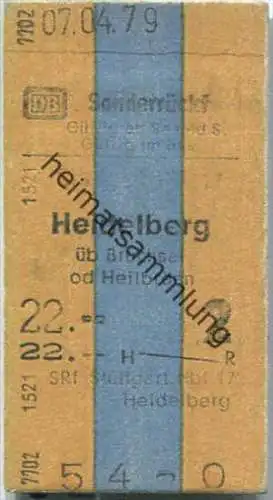 Sonderrückfahrkarte - Stuttgart Hbf 17 nach Heidelberg - Fahrkarte 2. Klasse 22,00 DM 1979