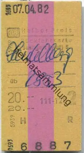 Rückfahrkarte Halber Preis - Stuttgart Hbf 5 nach Heidelberg - Fahrkarte 2. Klasse 20,00 DM 1982