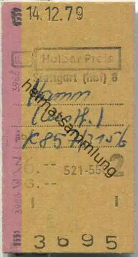 Fahrkarte Halber Preis - Stuttgart Hbf 8 nach Hamm - Fahrkarte 2. Klasse 36,00 DM 1979