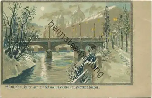 München - Blick auf die Maximiliansbrücke und Protestantische Kirche - signiert Zeno Diemer gel. 1898