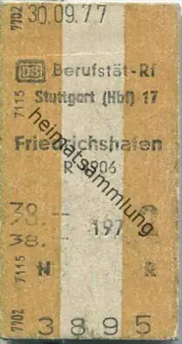 Berufstätigen Rückfahrkarte - Stuttgart Hbf 17 nach Friedrichshafen - Fahrkarte 2. Klasse 38,00 DM 1977