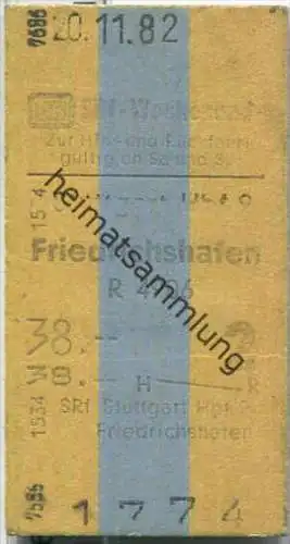 Wochenend Rückfahrkarte - Stuttgart Hbf 9 nach Friedrichshafen - Fahrkarte 2. Klasse 38,00 DM 1982