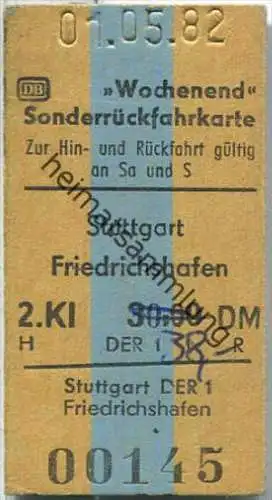 Wochenend Sonderrückfahrkarte - Stuttgart nach Friedrichshafen - Fahrkarte 2. Klasse 38,00 DM 1982