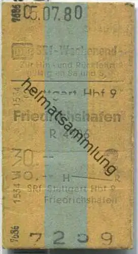 Wochenend Rückfahrkarte - Stuttgart Hbf 9 nach Friedrichshafen - Fahrkarte 2. Klasse 30,00 DM 1980