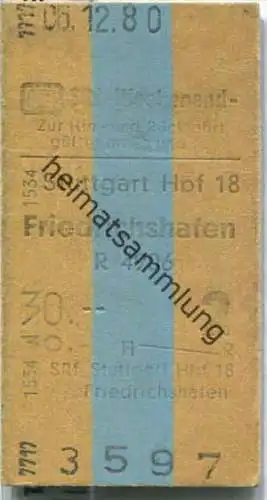 Wochenend Rückfahrkarte - Stuttgart Hbf 18 nach Friedrichshafen - Fahrkarte 2. Klasse 30,00 DM 1980