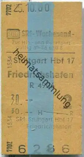 Wochenend Rückfahrkarte - Stuttgart Hbf 17 nach Friedrichshafen - Fahrkarte 2. Klasse 30,00 DM 1980