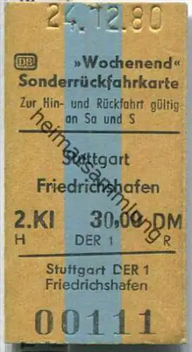 Wochenend Sonderrückfahrkarte - Stuttgart nach Friedrichshafen - Fahrkarte 2. Klasse 30,00 DM 1980