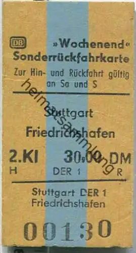 Wochenend Sonderrückfahrkarte - Stuttgart nach Friedrichshafen - Fahrkarte 2. Klasse 30,00 DM (G38910y)