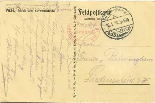 Puxe - Schloss vom Schwanenteiche - Feldpost - Künstlerkarte signiert M. Th. gel. 1916