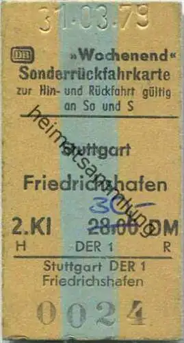 Wochenend Sonderrückfahrkarte - Stuttgart nach Friedrichshafen - Fahrkarte 2. Klasse 30,00 DM 1979