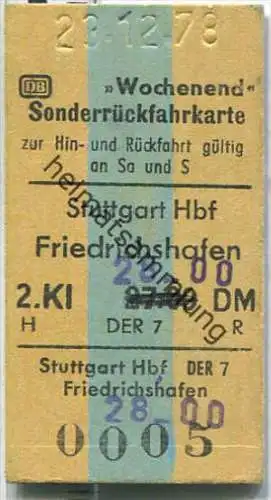 Wochenend Sonderrückfahrkarte - Stuttgart Hbf nach Friedrichshafen - Fahrkarte 2. Klasse 28,00 DM 1978