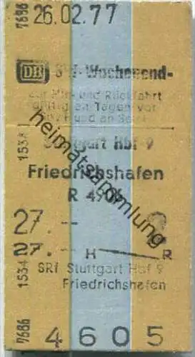 Wochenend Rückfahrkarte - Stuttgart Hbf 9 nach Friedrichshafen - Fahrkarte 2. Klasse 27,00 DM 1977