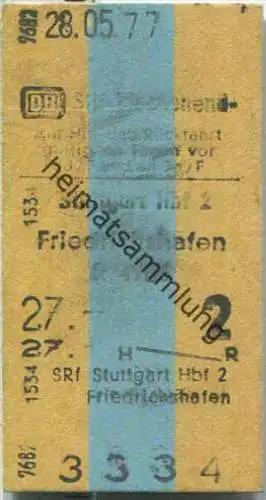 Wochenend Rückfahrkarte - Stuttgart Hbf 2 nach Friedrichshafen - Fahrkarte 2. Klasse 27,00 DM 1977