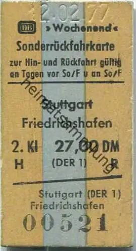 Sonderrückfahrkarte - Stuttgart nach Friedrichshafen - Fahrkarte 2. Klasse 27,00 DM 1977