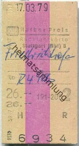 Rückfahrkarte Halber Preis - Stuttgart Hbf 8 nach Friedrichshafen - Fahrkarte 2. Klasse 26,00 DM 1979