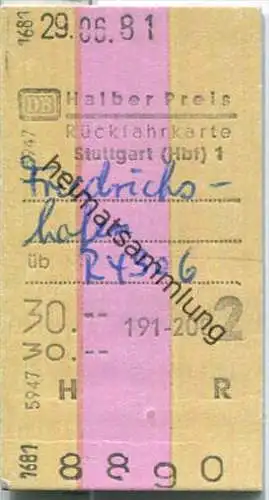 Rückfahrkarte Halber Preis - Stuttgart Hbf 1 nach Friedrichshafen - Fahrkarte 2. Klasse 30,00 DM 1981