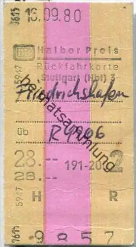 Rückfahrkarte Halber Preis - Stuttgart Hbf 3 nach Friedrichshafen - Fahrkarte 2. Klasse 28,00 DM 1980