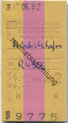 Rückfahrkarte Halber Preis - Stuttgart Hbf 4 nach Friedrichshafen - Fahrkarte 2. Klasse 34,00 DM 1982