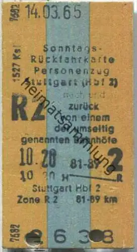 Sonntags-Rückfahrkarte - Stuttgart Hbf 2 nach Neckarburken - Fahrkarte 2. Klasse 10,20 DM 1965