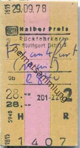 Rückfahrkarte Halber Preis - Stuttgart Hbf 3 nach Frankfurt - Fahrkarte 2. Klasse 28,00 DM 1978