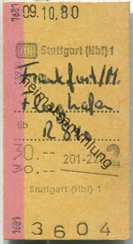 Fahrkarte - Stuttgart Hbf 1 nach Frankfurt Flughafen - Fahrkarte 2. Klasse 30,00 DM 1980