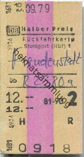 Rückfahrkarte Halber Preis - Stuttgart Hbf 1 nach Freudenstadt - Fahrkarte 2. Klasse 12,00 DM 1979