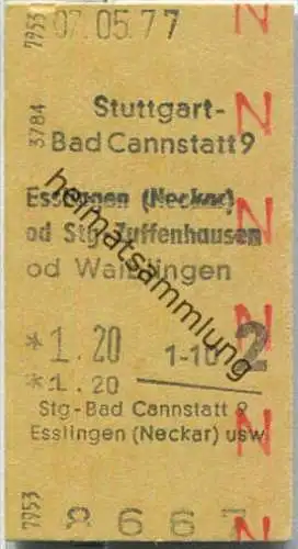 Fahrkarte - Stuttgart-Bad Cannstadt 9 nach Esslingen - Fahrkarte 2. Klasse 1,20 DM 1977