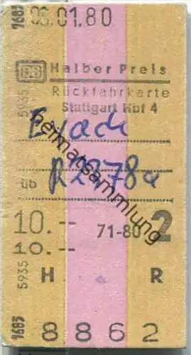 Rückfahrkarte Halber Preis - Stuttgart Hbf 4 nach Eyach - Fahrkarte 2. Klasse 10,00 DM 1980