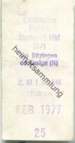 Fahrkarte - Stuttgart Hbf 27 nach Ditzingen - Fahrkarte 2. Klasse 1,80 DM 1977