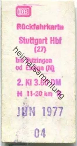 Rückfahrkarte - Stuttgart Hbf 27 nach Ditzingen - Fahrkarte 2. Klasse 3,60 DM 1977