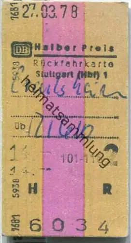 Rückfahrkarte Halber Preis - Stuttgart Hbf 1 nach Crailsheim - Fahrkarte 2. Klasse 14.00 DM 1978