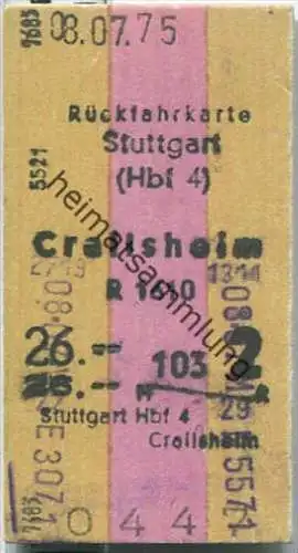 Rückfahrkarte - Stuttgart Hbf 4 nach Crailsheim - Fahrkarte 2. Klasse 26.00 DM 1975