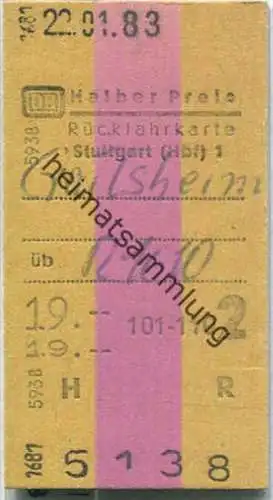 Rückfahrkarte Halber Preis - Stuttgart Hbf 1 nach Crailsheim - Fahrkarte 2. Klasse 19.00 DM 1983