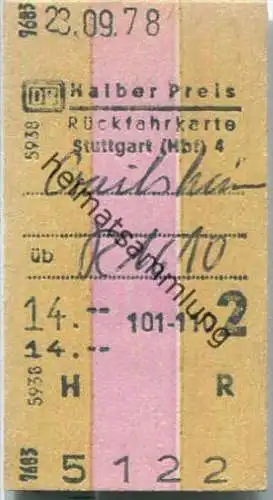Rückfahrkarte Halber Preis - Stuttgart Hbf 4 nach Crailsheim - Fahrkarte 2. Klasse 14.00 DM 1978