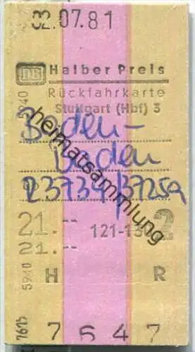 Rückfahrkarte Halber Preis - Stuttgart Hbf 3 nach Baden-Baden - Fahrkarte 2. Klasse 21,00 DM 1981