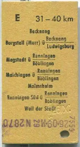 Fahrkarte - Stuttgart Hbf 3 nach Backnang - Fahrkarte 2. Klasse 3,00 DM 1972