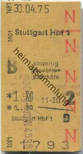 Fahrkarte - Stuttgart Hbf 1 nach Altbach oder Asperg - Fahrkarte 2. Klasse 1,80 DM 1975