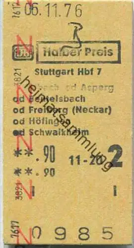 Fahrkarte Halber Preis - Stuttgart Hbf 7 nach Altbach oder Asperg - Fahrkarte 2. Klasse 0,90 DM 1976